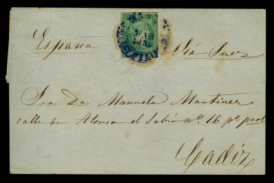 Spanish PHILIPPINES 1859 .Mar.3 ISABELLA II 1r green on beautiful cover to CADIZ - Image 1 of 2