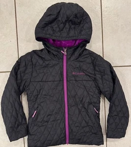 Columbia Girls Bella Plush Quilted Hooded BLACK Purple Jacket 6-7 XS - Picture 1 of 7