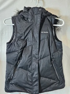 Columbia Omni Heat Black Puffer Down Vest Faux Fur Hood Women’s Medium - Bild 1 von 10