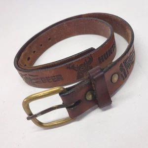 Deer Hunter Leather Belt 32 34 Tooled Whitetail Western Distressed Brown Vtg - Picture 1 of 13