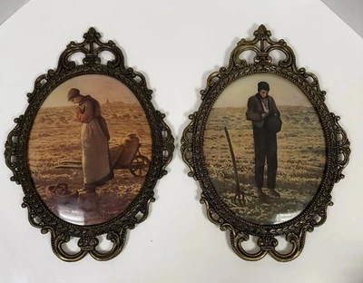 Pair Oval Convex Glass Pictures Ornate Brass Frame Farmer/Wife Praying 17" *FLAW - Image 1 of 4