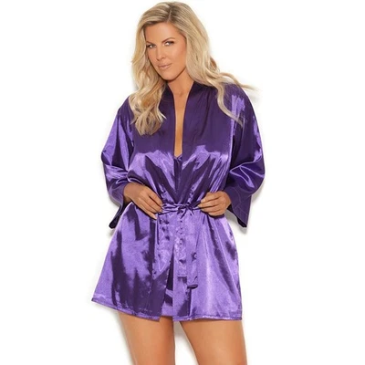 Bata de satén púrpura cierre de corbata faja cinturón mangas 3/4 estilo kimono 11022 Plus 1X Foto 1 de 4