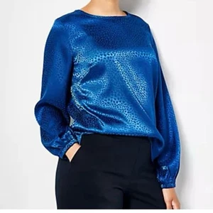 Jason WU blouse jacquard sapphire blue size small print silky popover blouse - Picture 1 of 9