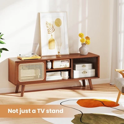 Modern TV Stand Entertainment Center Media Console w/Rattan  Glass Sliding Doors - Image 1 of 4