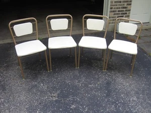 4 Vintage Deluxe MCM Cosco Folding Chairs White Faux Leather Padded Seat & Back - Picture 1 of 10