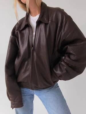 Women’s Fashion 90s Leather Jacket Oversized Brown Bomber Jacket | 90’s Retro - Image 1 of 4