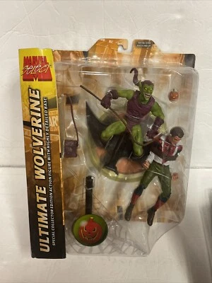error de impresión Marvel Select Duende Verde, Peter Parker, con reverso de tarjeta Wolverine Foto 1 de 4