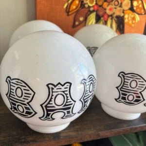 Vintage| Retro BAR Milk Glass Globe Shades/Black Lettering Very Rare Set of 4 - Picture 1 of 6