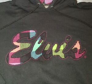 Sz XL Plaid Embroidered Elvis Presley Black Hoodie Graceland Multicolor Patch