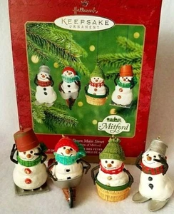 Vintage Hallmark 2000 Ornaments Race Down Main Street Mitford Snowmen Set/4 NIB - Picture 1 of 7