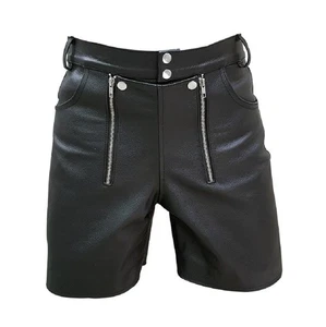 Mens Sexy Black Leather Shorts-Rear Zip, Real Cowhide, Clubwear Waist (85cm) 33" - Picture 1 of 3