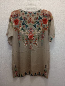 Top túnica Johnny Was para mujer XS bordado floral boho caqui topo - Imagen 1 de 11