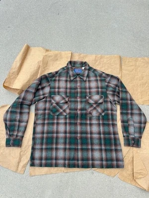 Camisa Pendleton De Colección Para Hombres Marrón Verde A Cuadros Pura Lana Virgen Tablero Lazo L Foto 1 de 4