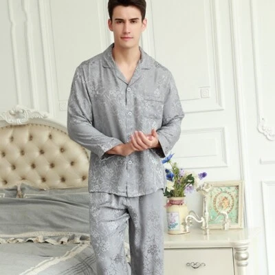 Conjunto de pijama de seda de morera 100 % pura de 19 mm para hombre mangas largas ropa de dormir de seda S ~ XXL Foto 1 de 4