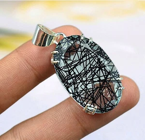 Black Rutile Gemstone Handmade 925 Sterling Silver Jewelry Pendant 1.97" - Picture 1 of 3