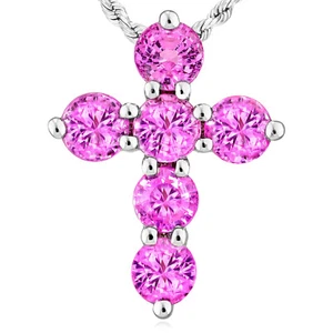 0.90CTW Natural Pink Sapphire Real 14K White Gold Cross Pendant – Made in Italy - Picture 1 of 6