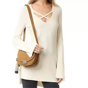 FREE PEOPLE Crisscross V-Neck Long Sleeve Tunic Pullover Sweater Ivory Cream L - Picture 1 of 9