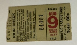 1947 Biglietto Harry Agganis Lynn High School Braves Field 2 AB Tie GM Sunday ⚾️ - Foto 1 di 5