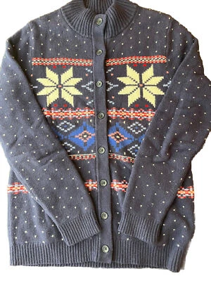 Lands End Cardigan Sweater Fair Isle Heavyweight Blue Button Up Cotton Winter S - Image 1 of 4