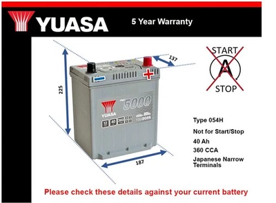 Battery fits SUZUKI BALENO A1K412, SY413 1.2 1.3 1997 on Yuasa 054H 360A 40Ah - Image 1 of 4