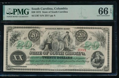 AC 1872 Obsolete State of South Carolina, Columbia $20 PMG 66 EPQ Cr 7 - Image 1 of 2