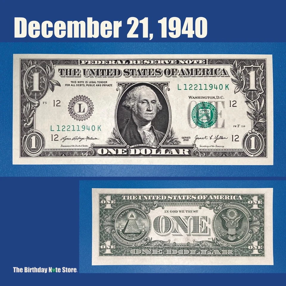 December 21, 1940 Birthday Anniversary $1 One Dollar Bill Serial Number 12211940 - Image 1 of 2