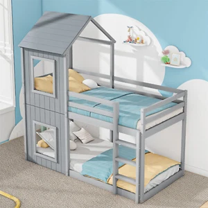 MERAX® Kinderbett Hausbett 90x200 Bett Doppel Stockbett Hochbett Etagenbett Grau - Bild 1 von 9