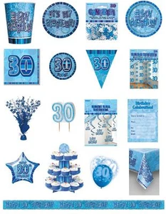 30 / 30th Birthday Blue Glitz Party Range - Party / Platos / Servilletas / Banners / Tazas - Imagen 1 de 26