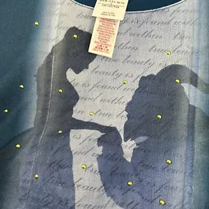 Women’s Disney Beauty & The Beast Sleeveless Blue Shirt / Gold Studded Read - Picture 1 of 6