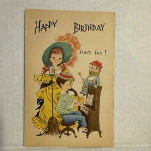 Vintage 1950s Birthday Card Unused Boy Girl Piano with Clown Sing Music Craft - Bild 1 von 3
