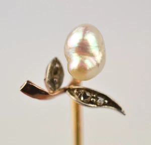 ANTIQUE 14K YELLOW GOLD NATURAL BAROQUE PEARL STICKPIN 2 ACCENT DIAMONDS AS IS - Picture 1 of 5