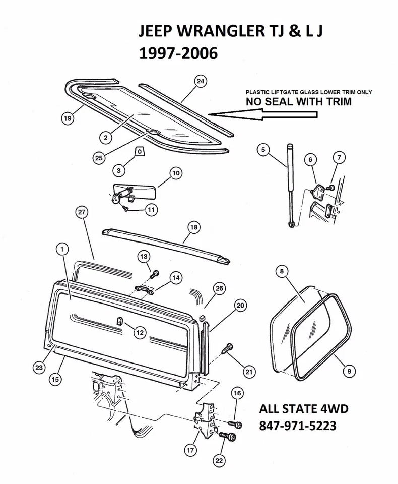 SE ADAPTA A JEEP WRANGLER TJ 1997-2006 TECHO RÍGIDO PUERTA LEVADIZA INFERIOR VIDRIO PLÁSTICO MOLDURAS SOLAMENTE Foto 1 de 1