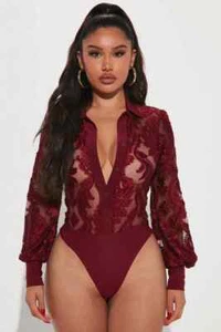 Burgundy Shirt Bodysuit Pattern V - Medium Size - Picture 1 of 3