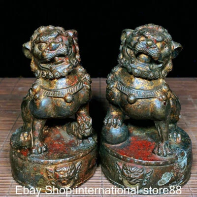 4.6" Old Chinese Bronze Gilt Feng Shui Foo Dog Lion Beast Base Luck Statue Pair - Image 1 of 4