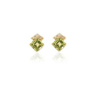 Natural Peridot and Diamonds Solitaire Studs Earrings Solid 14k Yellow Gold - Picture 1 of 5