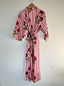 Indian Handmade Pink Floral Printed Cotton Kimono Robe Women Dressing Gown - Picture 1 of 5
