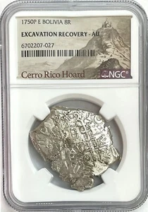 1750 P Q SILVER BOLIVIA 8 REALES CERRO RICO HOARD COB EXCAVATION RECOVERY NGC AU - Picture 1 of 2