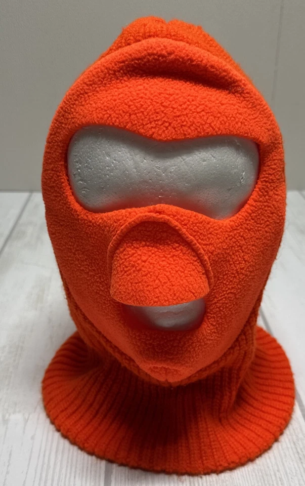 Vintage Balaclava Ski Full Face Mask Hat Orange Fleece Knit USA Made in USA Hunt - Image 1 of 4