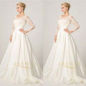 Satin Wedding Dresses Long Sleeves Lace A Line Elegant Ivory White Bridal Gowns - Picture 1 of 9