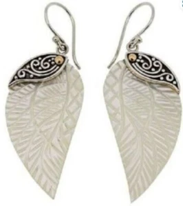 Bali Design Mother-Of-Pearl 18kt Gold/Sterling Silver Carved Wing Drop Earrings - Picture 1 of 2