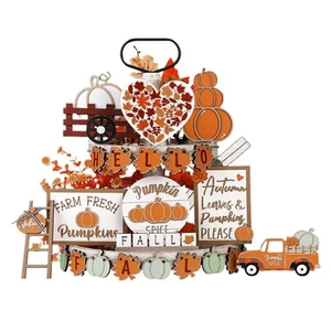 Vassoio a strati autunno Ringraziamento zucca foglia acero camion decorazione legno - Foto 1 di 9