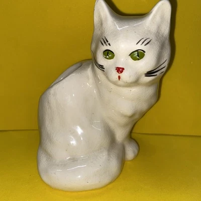 Vintage Brush McCoy White Sitting Cat Planter Green Eyes 5.5” - Image 1 of 4