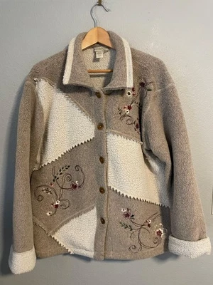 Chaqueta Coldwater Creek para mujer 1X Tostado Marfil Sherpa Vellón Retazos Bordados Foto 1 de 4