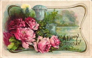 Cartolina d'epoca in rilievo Buon Compleanno Rose Rosa 1910 Clermont Indiana - Foto 1 di 2