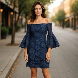 LAUREN Ralph Lauren Navy Blue Floral Lace Off The Shoulder Sheath Dress Formal - Picture 1 of 23