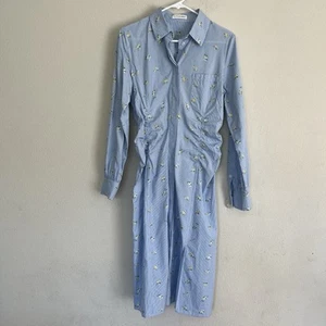 ALTUZARRA Blue White Check Floral Cotton Ruched Long SleeveShirt Dress FR38 US6 - Picture 1 of 7