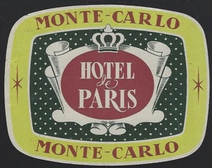 Hotel de Paris, Monte Carlo Vintage Luggage Label Travel Souvenir - Picture 1 of 2