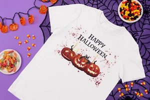 Happy Halloween Adult Child Kid's T-shirt Top, pumpkin and bat design - Picture 1 of 1