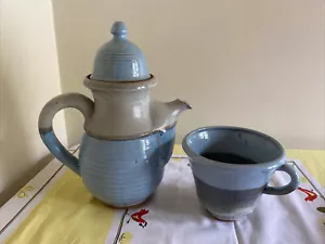 Vintage Overland Stoneware Teapot Art Pottery Baby Blue/Grey w/ Pour Over 3 Pcs - Picture 1 of 5