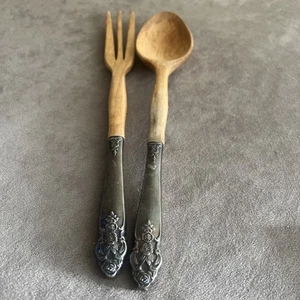 Sterling Silver Handle Teak Wood 10.5" Salad Spoon & Fork Set Floral - Picture 1 of 7